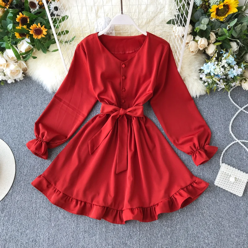 2019 Новое весенне осеннее однотонное платье с v образным вырезом и длинными