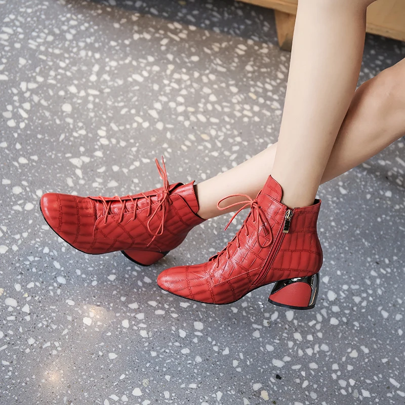 

MoonMeek 2020 new arrive genuine leather ankle boots square toe fashion lace up ladies shoes winter women boots high heels shoes