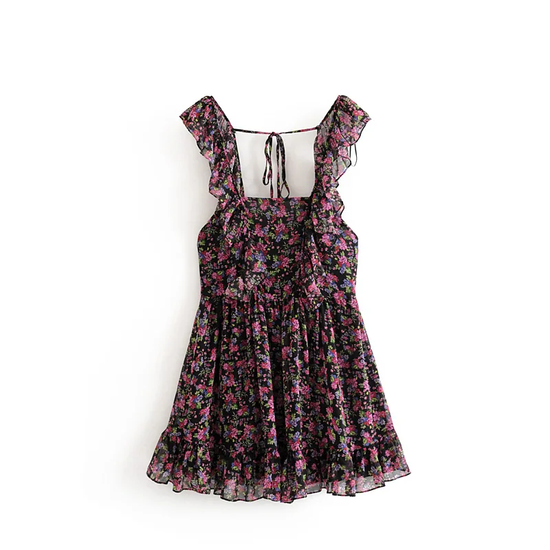 Винтажное шикарное платье с цветочным принтом ремешок оборки мини сексуальное