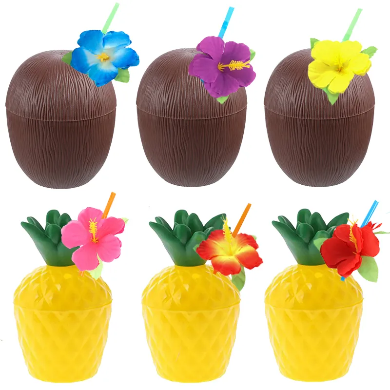 6set Tropical Pineapple Coconut Drinking Cup Juice Cups Straw Summer Luau Flamingo Birthday Beach Pool Party Hawaiian Decoration