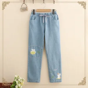 Женские эластичные джинсы с высокой талией, корейские свободные штаны с вышитым котом для девочек-подростков