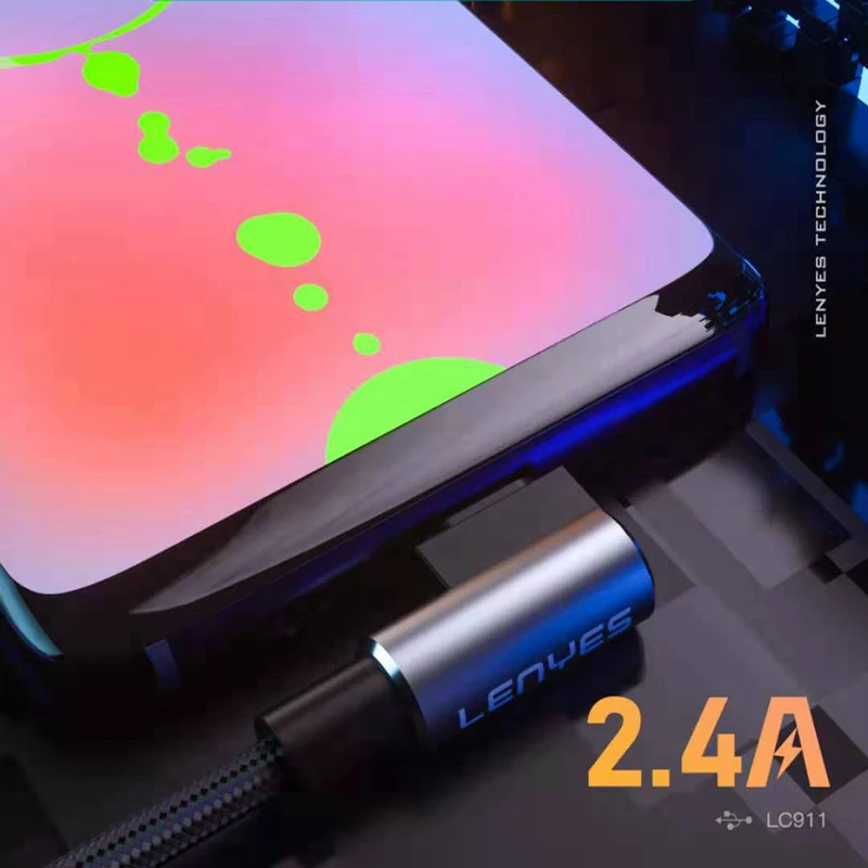 Lenyes l-образный USB кабель 90 градусов Реверсивный 2.4A 3 фута нейлоновый плетеный