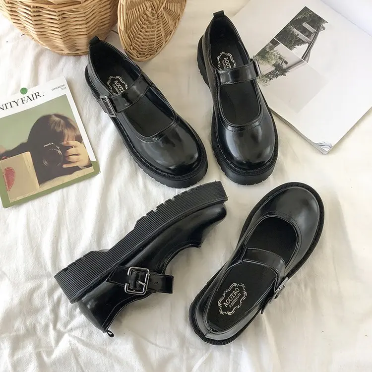 Обувь на платформе черного цвета На Закрытый носок Японские туфли женские