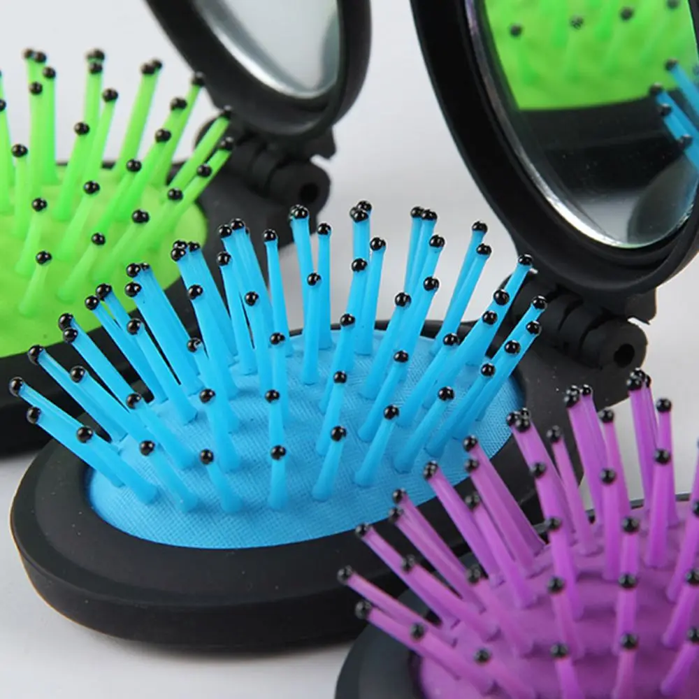 

1 Pcs Girls Cute Anti-static Rainbow Comb Portable Mini Folding Massage Comb Airbag Massage Round Travel Hair brush With Mirror