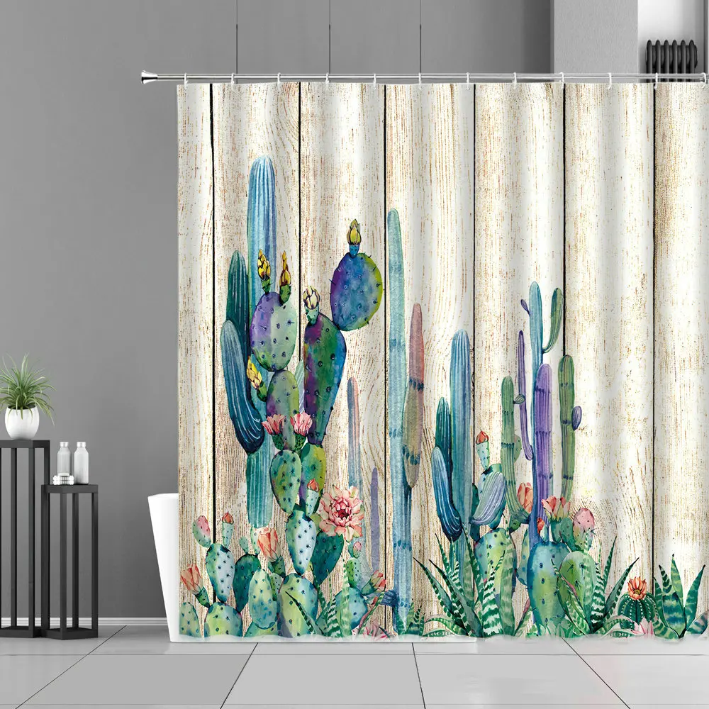 Занавеска для душа С КАКТУСОМ, деревянная Водонепроницаемая шторка для ванной комнаты с тропическими растениями и цветами, с крючками Занавеска для душа С КАКТУСОМ, деревянная Водонепроницаемая шторка для ванной комнаты с тропическими растениями и цветами, с крючками