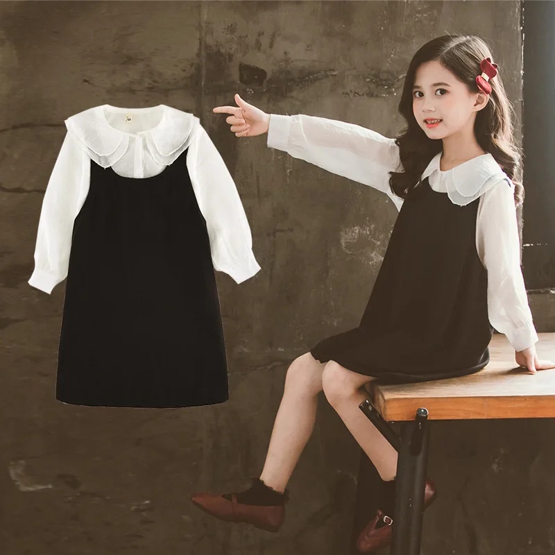 Комплект одежды для девочек платье + белая блузка с длинным рукавом новинка весны