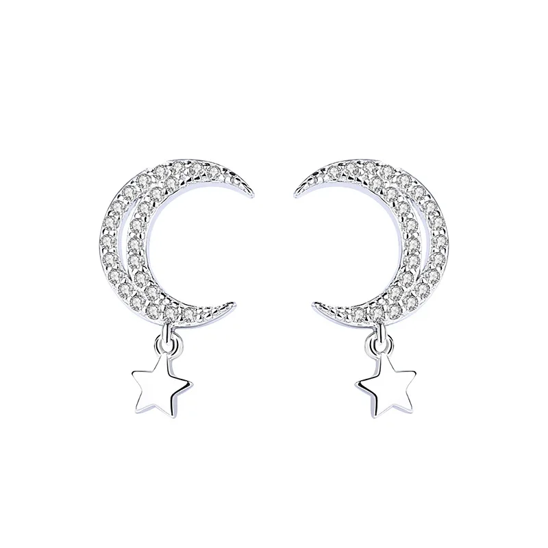 

925 Sterling Silver Moon Star Stud Earrings Jewelry for Women Gift Clear Micro aaa Cubic Zirconia Wedding Party Earring Female