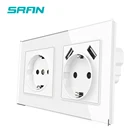 Двойная розетка SRAN 153*82 мм, розетка с usb-портом для зарядки, а, 16 А, белая стеклянная панель, настенная розетка европейского стандарта