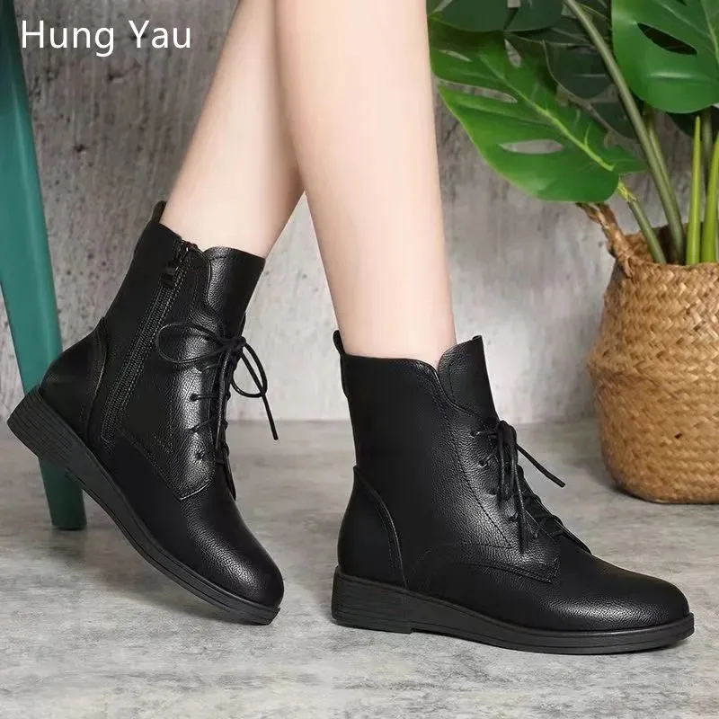 

Женские ботильоны из искусственной кожи, черные ботинки на шнуровке с круглым носком, на платформе и толстом каблуке, Осень-зима