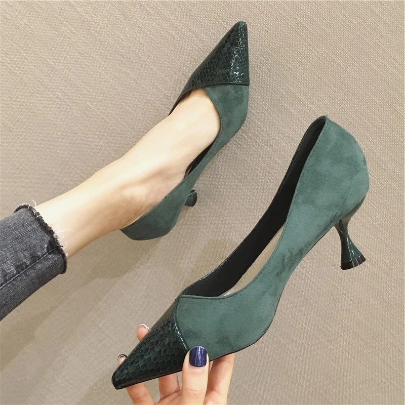 Patchwork Pointed Toe Shallow Fashion Pumps Dark Green Qualities Thin High  Heels Slip On Casual Brief Ol Dress Work Woman Shoes - купить по выгодной  цене | AliExpress