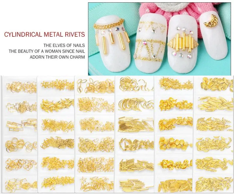 1bag 6 shape Nail Rivet Charm 3D Nail Art Decoration Straight/Curve Rods 26 Nail Art Gold Rivet Alloy Metal Cylindri Studs Charm