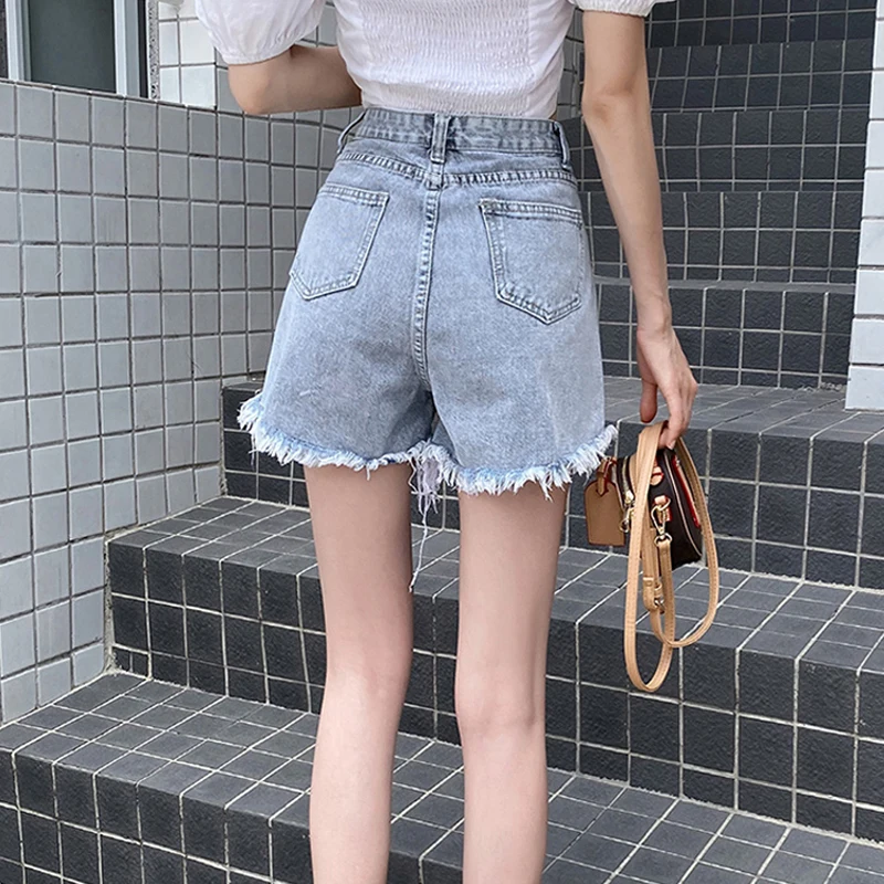 

Zoki Tassel Women Denim Shortss Summer Fashion Korean Ripped Wide Leg Jeans High Waist Ripped Streetwear Cotton Distressed Jean