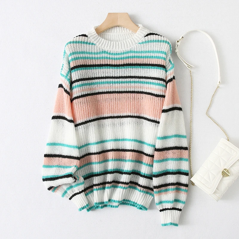 

Autumn Women Hit The Color Stripes Knit Sweater Sueter Mujer Yellow Green O-neck Long Sleeve Casual Female Knitwear Pull Femme