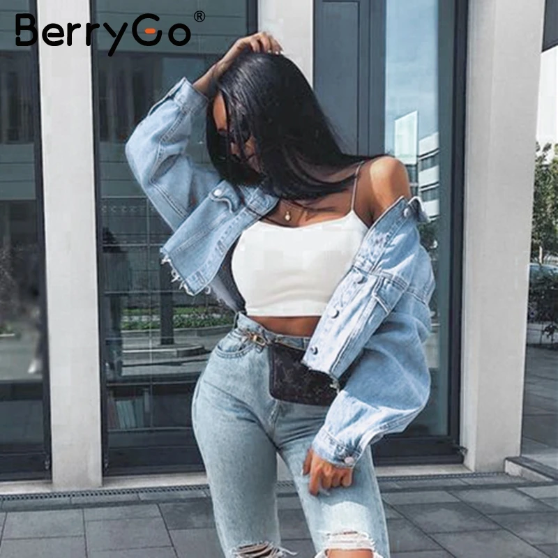 BerryGo Fashion ripped denim jackets women Casual pockets autumn winter jeans jacket coats Vintage streetwear short outerwears