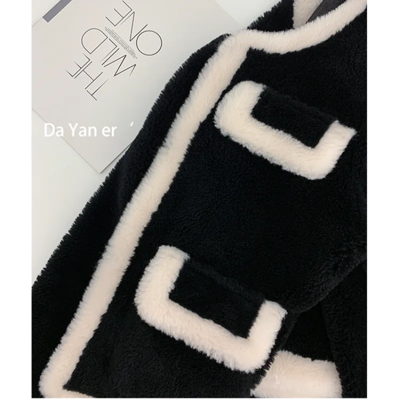 Warm Lady Sheep Shearing Lambs Faux Fur Jacket Puffer Bomber Coat Jacket Fragrance Black White Cardigan Crop Tops Pockets Parkas