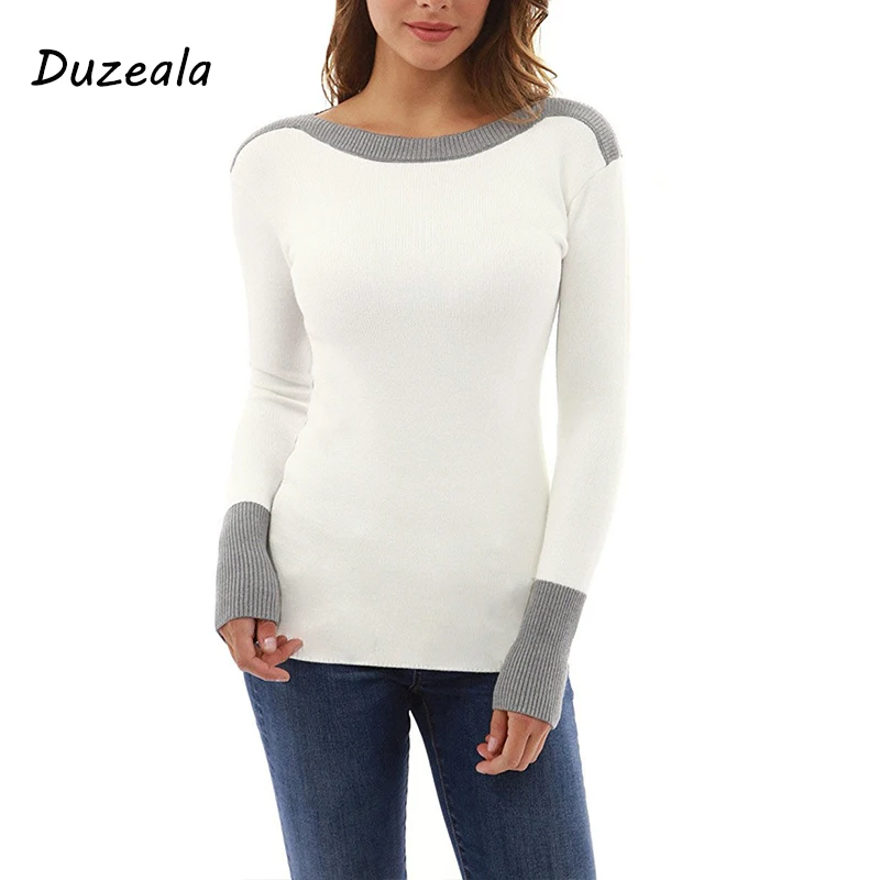 Duzeala осенне-зимняя белая повседневная женская футболка в стиле пэчворк с круглым