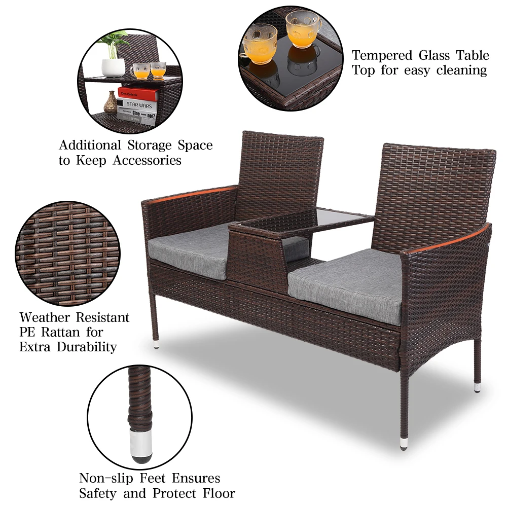 

【US Warehouse】OSHION WCSL Double Siamese Rattan Chair 2 8cm Cushions-Brown