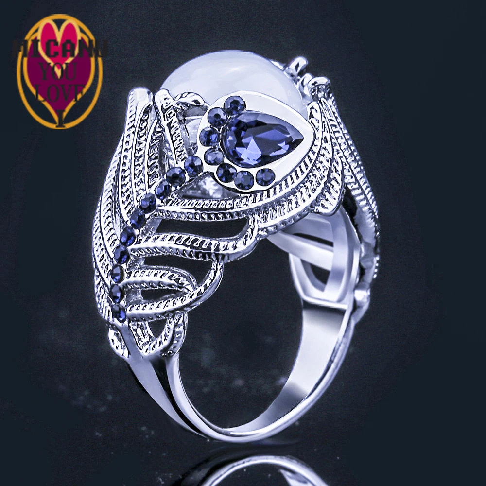 Кольцо Лунный камень опал Синий Циркон Хрустальный цветок модный роскошный