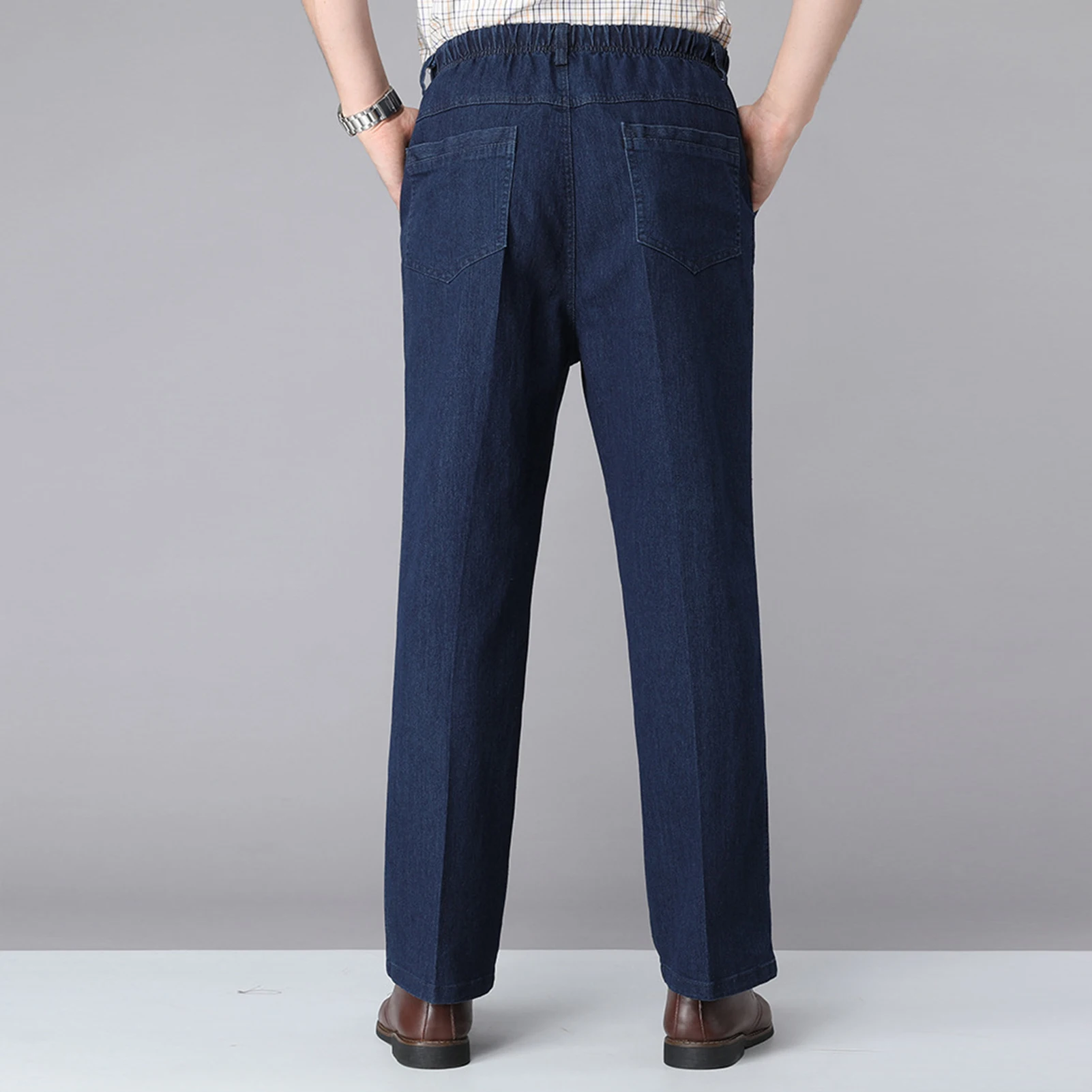 

Men Solid Color Elastic Waistband Drawstring Straight Denim Pants Long Trousers