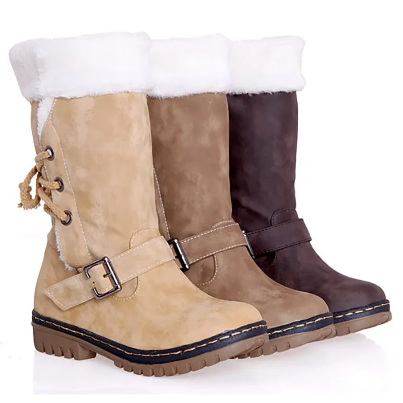 2019 г. Модные зимние ботинки женская зимняя обувь теплые меховые до середины икры