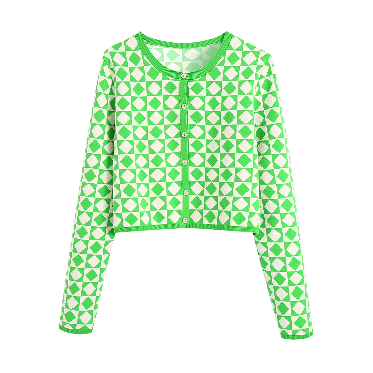 

Women za chic argyle knit cardigan Spring Autumn Ladies Vintage round neck long sleeves button-up Knitted sweater jacket top