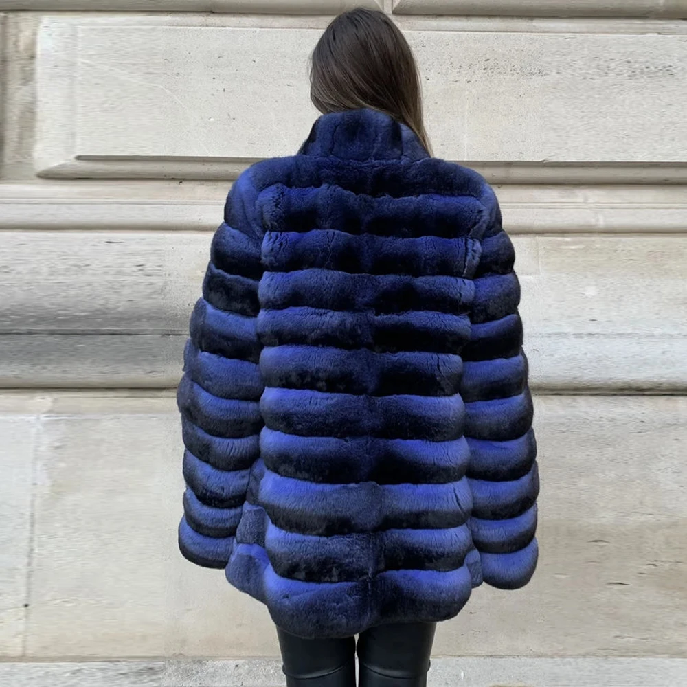 Royal Blue Real Rex Rabbit Fur Coats Women Medium Length Stand Collar Genuine Rex Rabbit Fur Coat Winter Female Outwear Luxury enlarge