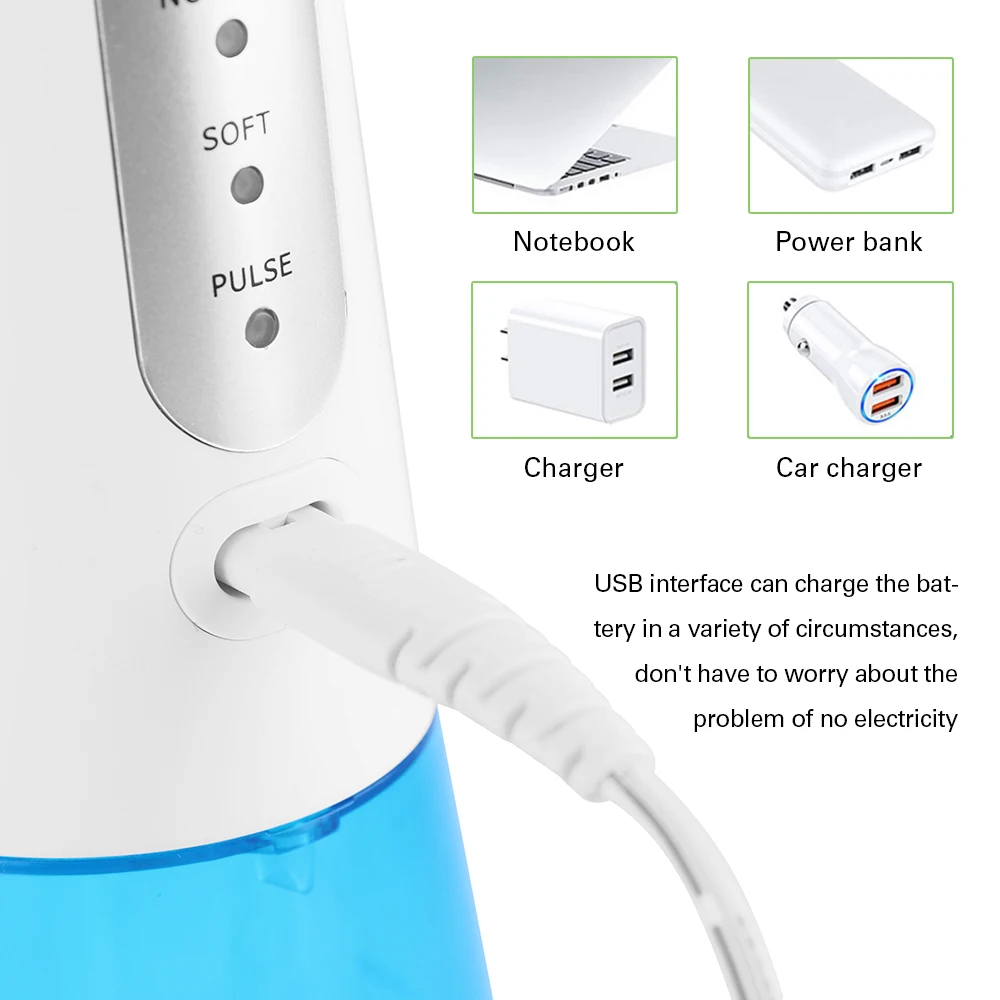 

AZDENT 300ml Portable Oral Irrigator Teeth Clean Water Flosser 3 Modes USB Charging Replacement Nozzles for Oral Care