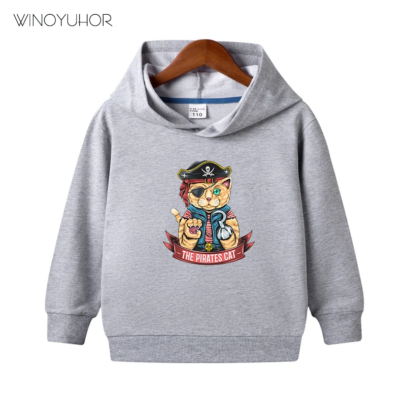 Sudadera con capucha con estampado de gato pirata para ni&ntilde;o y ni&ntilde;a, jerseys de manga larga de algod&oacute;n, ropa de calle fresca, ropa de Hip Hop para oto&ntilde;o-2