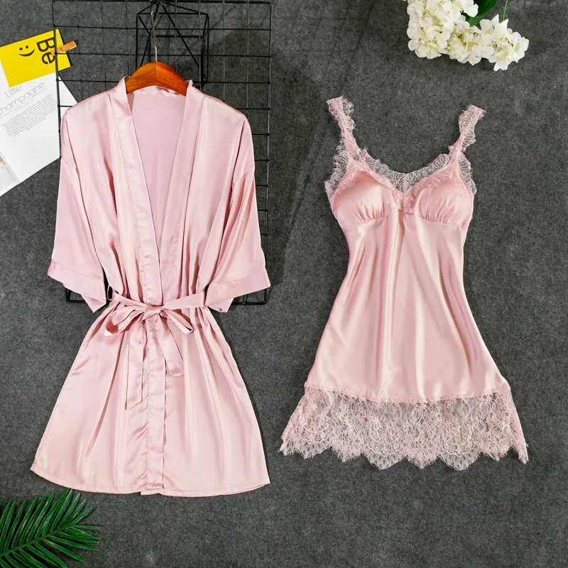 

Spring new sexy halter belt pajama gown with chest cushion ice silk long sleeve pajama two suit home wear loose sleepwear
