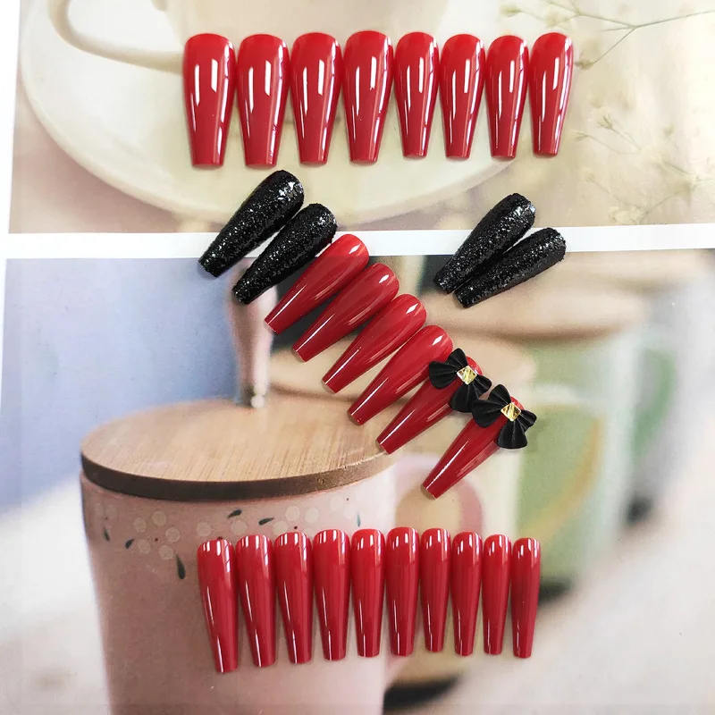 28pcs Coffin Fake Nails Surper Long Red Black Bow Ballerina Full Nail Art Tips Press on Artificial False Nails Set COL-LB1