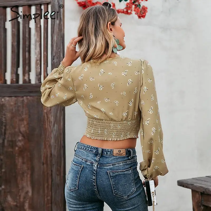 Женская винтажная блузка Simplee с длинным рукавом глубоким вырезом и цветочным