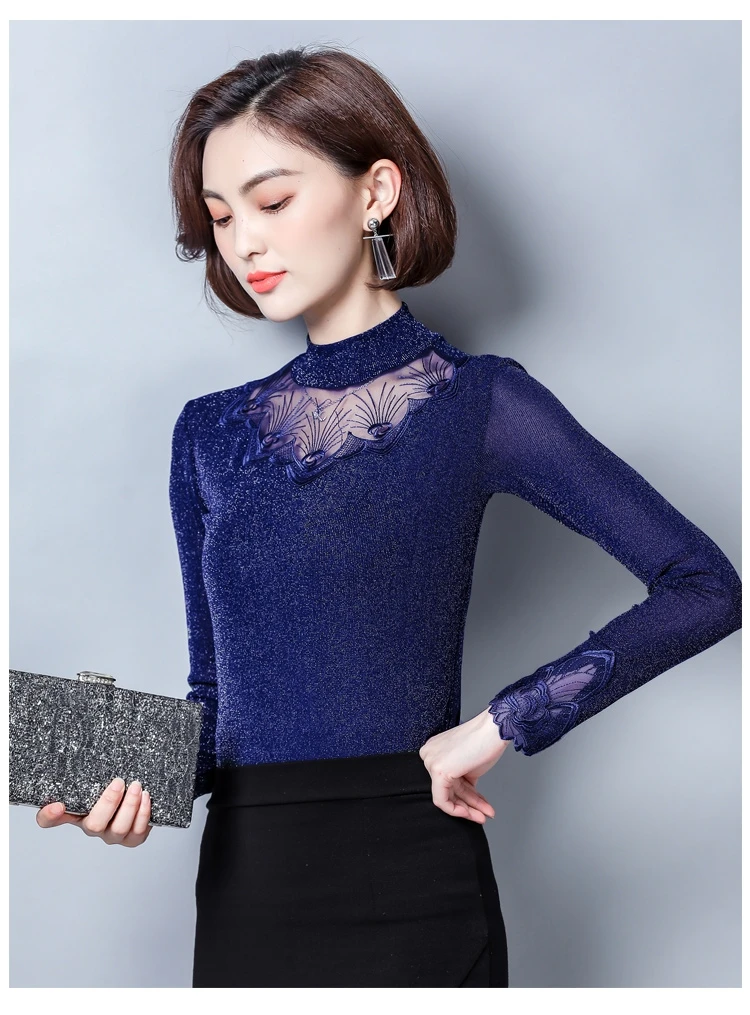 

Women Fashion Lace Blouse Autumn Winter Women's Office Shirts Slim Long Sleeve Shirt Turtlenneck Elegant Blouses Tops Plus Size