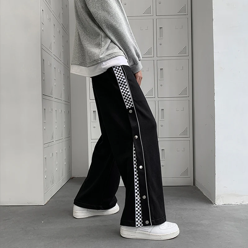 

Men's Casual Loose Black Gray Pants Plus Size Buttons Side Straight Checks Trousers N4