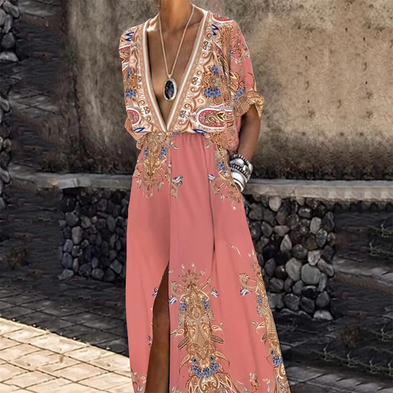 

Women Casual Deep V Neck Boho Maxi Dress Fashion Elegant Short Sleeve Split Ladies Party Dress Vintage Print Long Beach Dresses