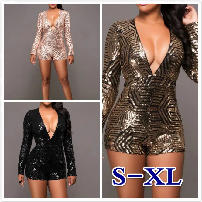 Sexy Deep V Neck Long Sleeve Sequin Rompers Womens Sexy Shorts Jumpsuit Glitter Club Party Bodycon  Playsuit