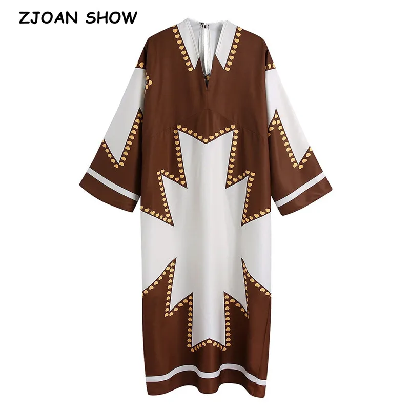 

2021 CHIC Brwon White Loose Sleeve V neck Location Print Straight Dress Back Bandage Bow Midi Dresses Holiday Robe Vestido