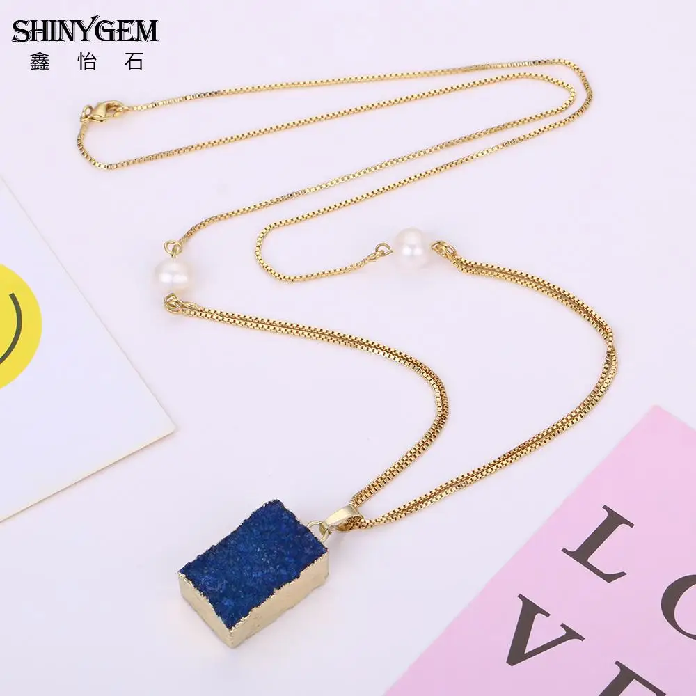 ShinyGem смешанные цвета Druzy хрустальные подвески с жемчужной цепочкой ожерелья
