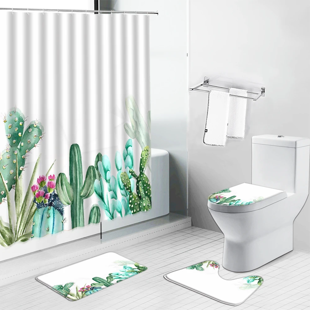 

Dandelion Flower Blue Background Shower Curtains Set Cactus Tulip Sunflower Floral Bathroom Decor Bath Mat Toilet Cover Carpet