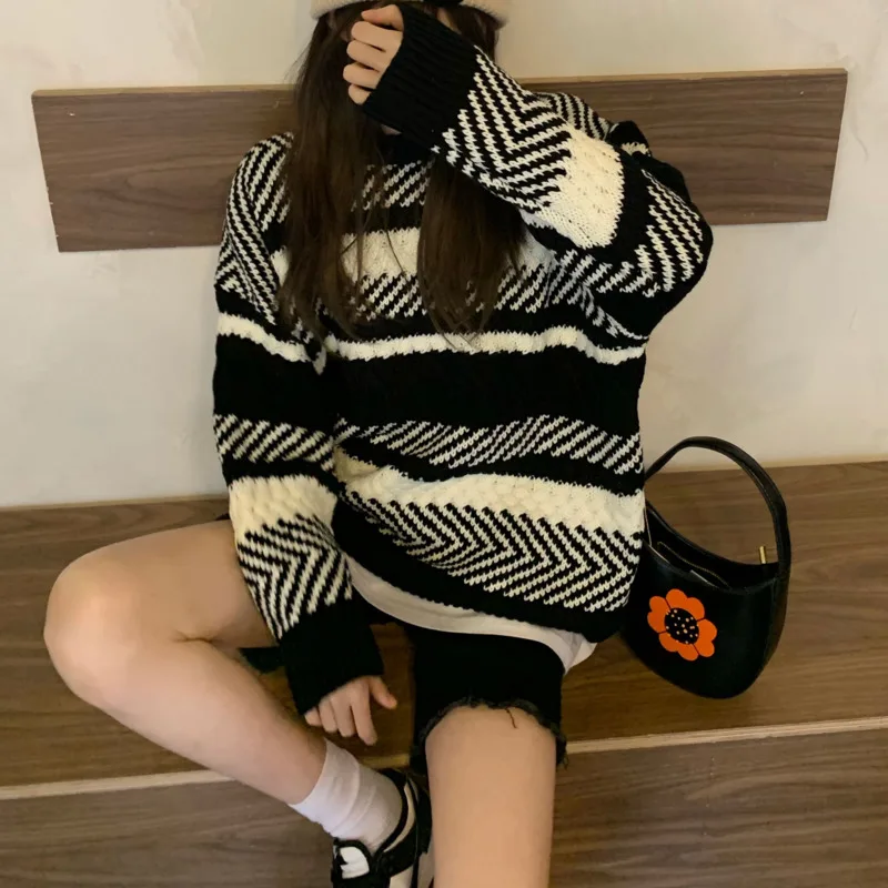 

Свободный и ленивый Стильный тонкий свитер с длинным рукавом Осень-зима контрастный полосатый Повседневный свитер для женщин