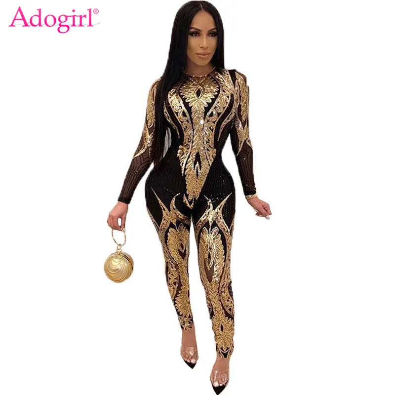 

Комбинезон женский сетчатый с блестками, длинным рукавом и круглым вырезом