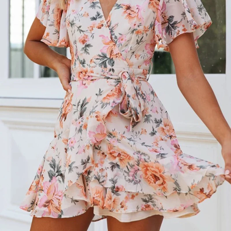 

Ruffles Women's Dress V Neck Short Sleeves A-Line High Waist Flower Print Dress Summer 2021 Fashion Casual Female Vestidos