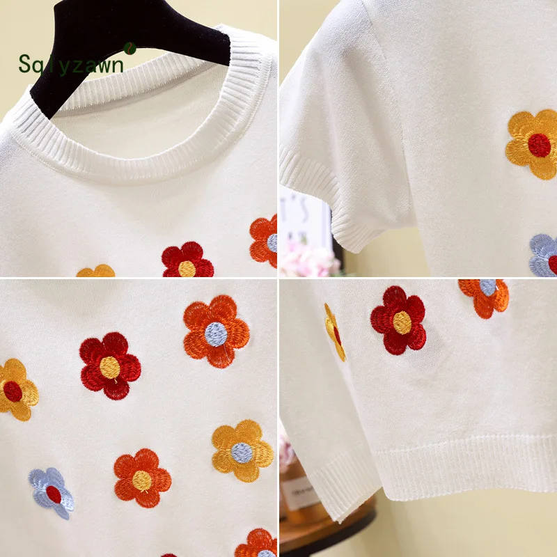Женский свитер пуловер Тонкий Трикотажный Хлопковый топ с вышивкой и цветочным