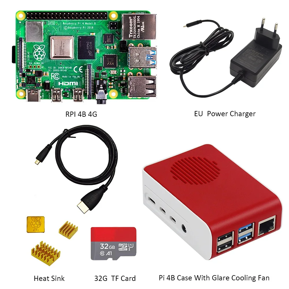 Verkaufen Original Raspberry Pi4 Modell B Kit 4GB RAM + Fall Mit Fan + EU/US/UK Typ-C 5V/3A Power Ladegerät + 32G Tf-karte + Kühlkörper