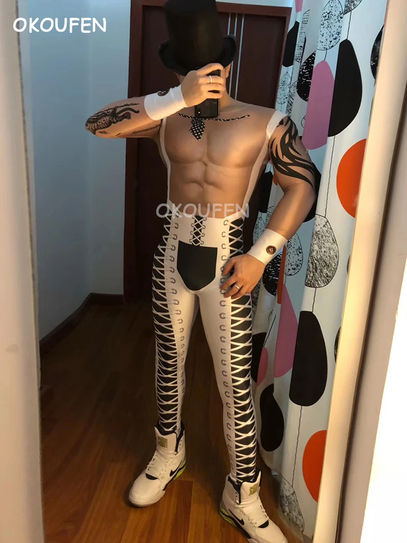 Мужской вечерний костюм белый с имитацией мускулов для ночных клубов Dj ds |