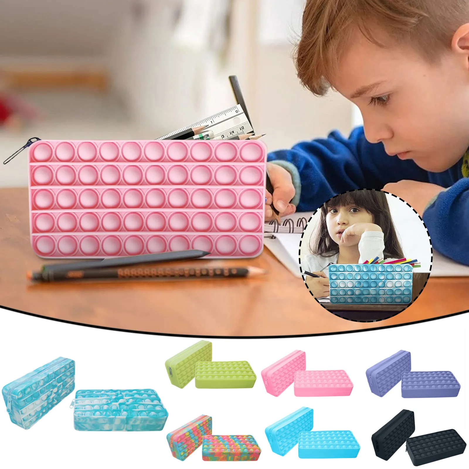 

Чехол для карандашей Poppits, Простой сенсорный силиконовый чехол для хранения канцелярских принадлежностей, Детская сумка для хранения пузыр...