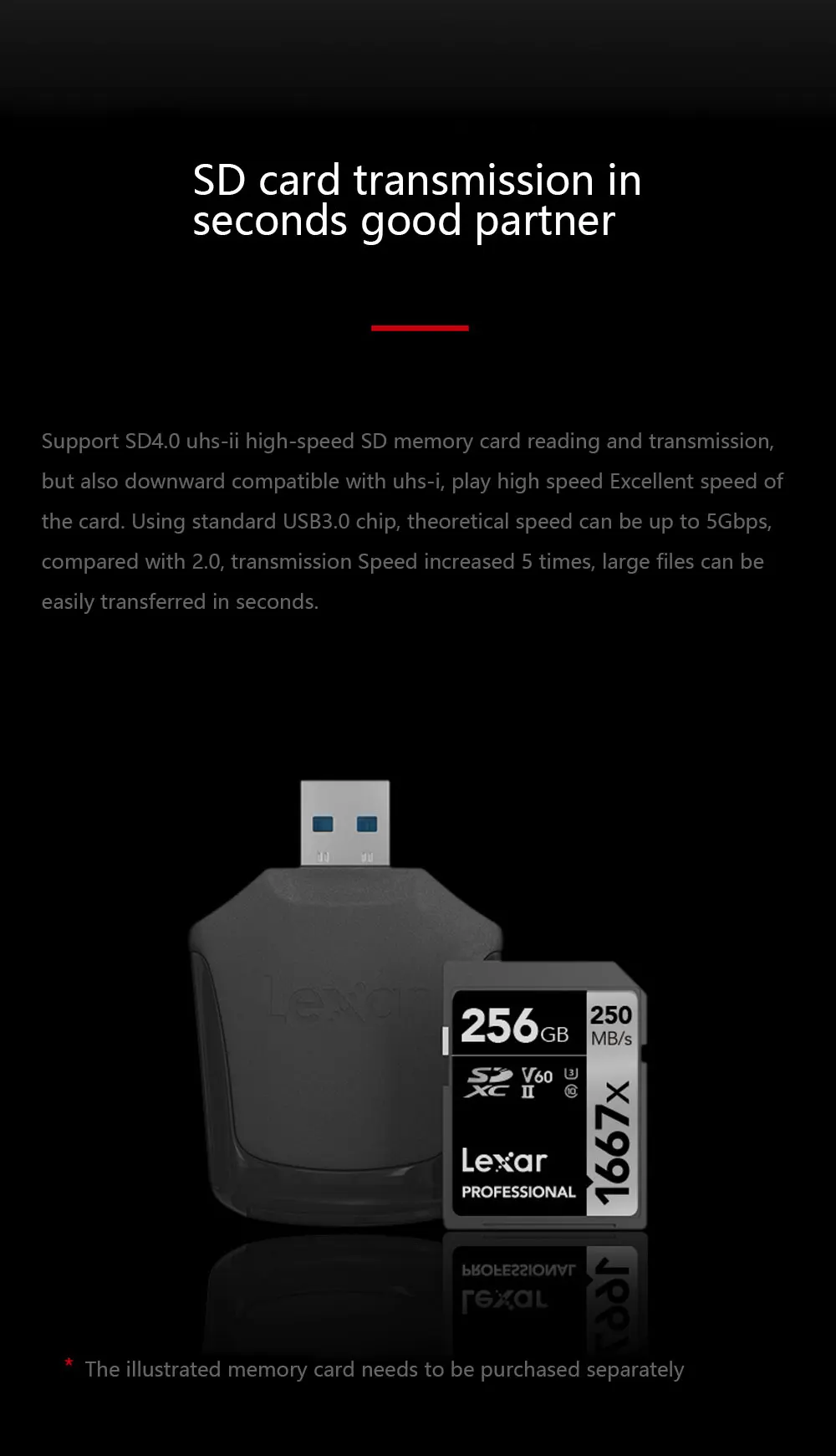 Lexar Профессиональный SD SDHC Устройство чтения карт памяти USB 3,0 высокоскоростной SD UHS-II считыватель