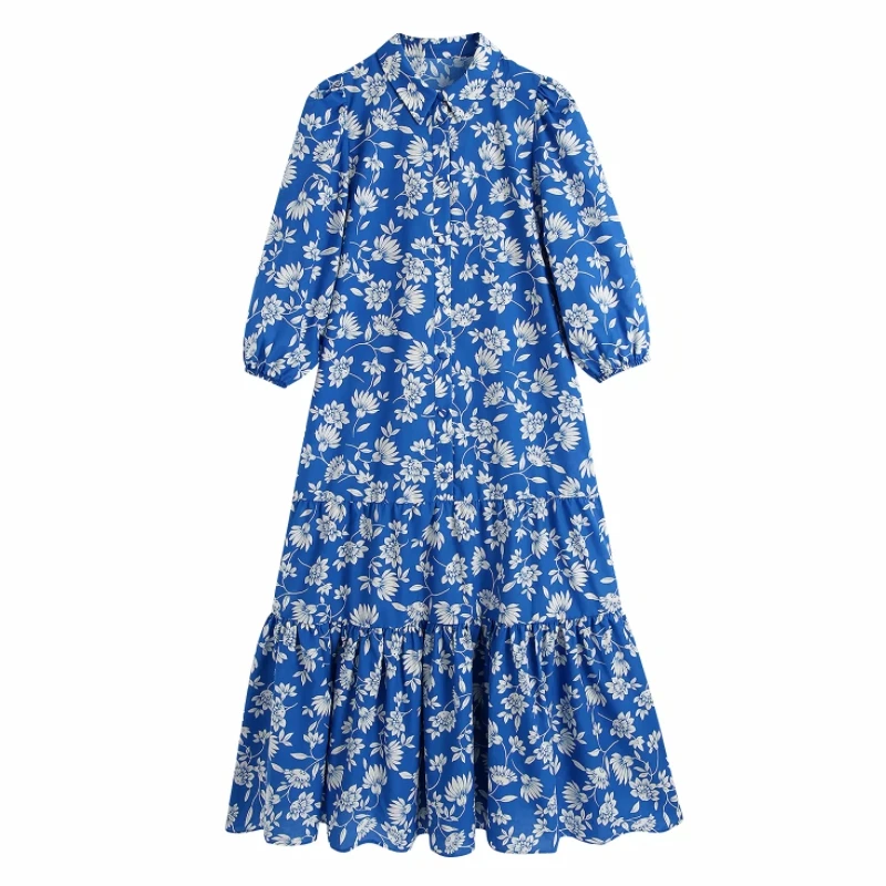 

Summer Women Flower Printing Ruffled Hem Midi Shirt Dress Female Lantern Sleeve Clothes Casual Lady Loose Vestido D7618