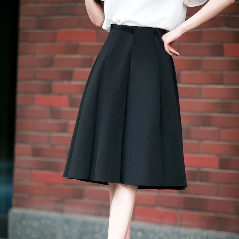 

High Waist Pleat Elegant Skirt Red Black White Knee-Length Flared Skirts Fashion Women Faldas Saia 5XL Plus Size Ladies Jupe