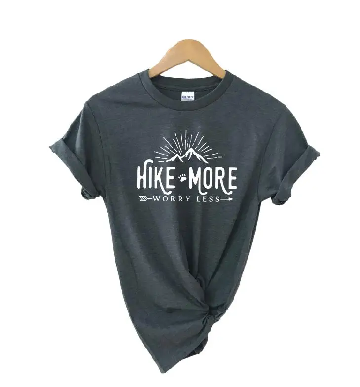 Hike More Worry Less футболка на открытом воздухе Wanderlust Футболка женская Стрела Приключения Кемпинг природа Топ Футболка короткий рукав женские топы - Цвет: dark gray white word