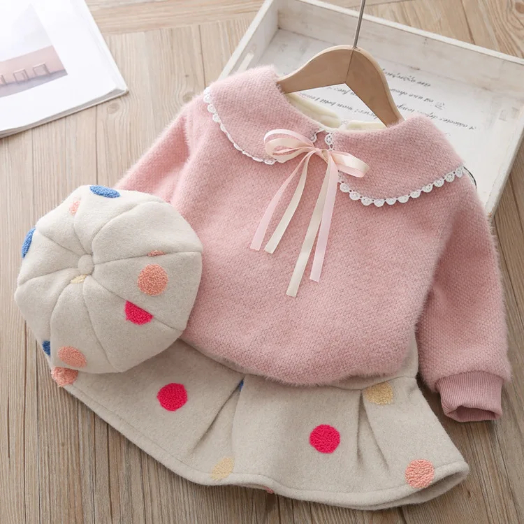 

Winter Girls Velvet T-shirt+skirt+hat 3pcs Sets Baby Thicken Fleece Wave Pleated Skirt Sweet Suit Kids Coat Fashion Pullover